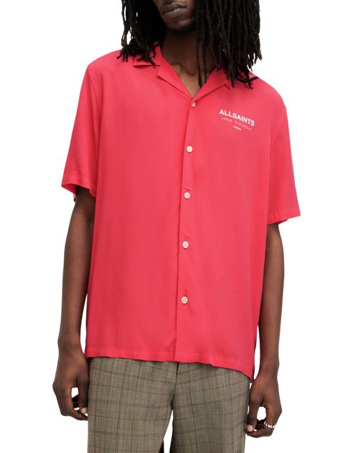 AllSaints Red Underground Logo Short Sleeve Camp Shirt for men