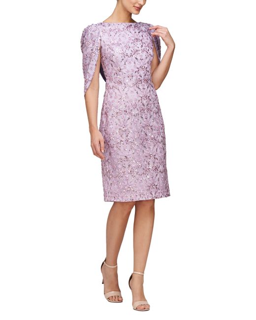 JS Collections Purple Jordan Beaded Cape Sleeve Cocktail Dress