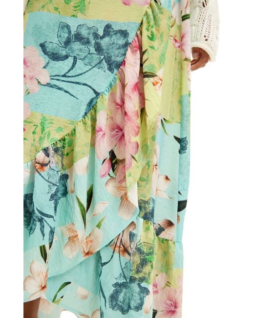 Desigual Green Fal Tropi Floral Print Wrap Skirt