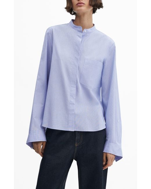 Mango Blue Band Collar Cotton Shirt
