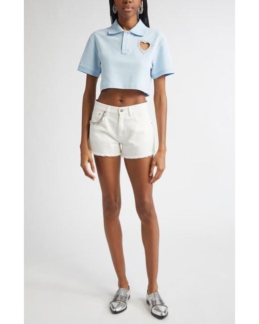Area White Crystal Heart Cutout Crop Polo