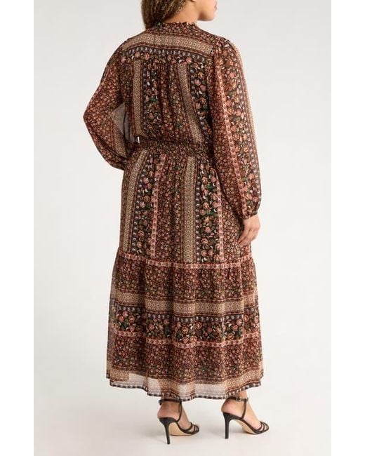 Gibsonlook Brown The Leyla Print Smocked Long Sleeve Maxi Dress