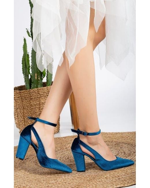 Forever Always Shoes Women's Blue Colette Pointed Toe High Block