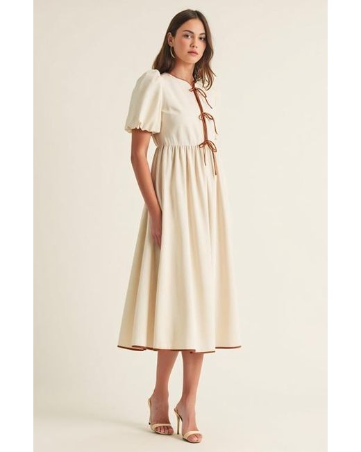Modenaire Natural Midi Puff Sleeve Dress With Contrast Ties And Hemline Trim