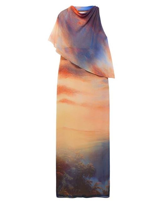 Mango Orange Abstract Print Cape Detail Gown