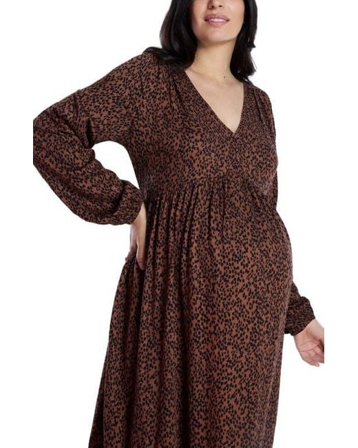 Motherhood Maternity Brown Long Sleeve Button Front Maternity Midi Dress