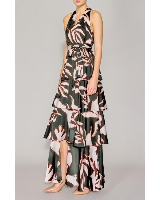 MELLODAY White Printed Tiered Faux Wrap Maxi Cocktail Dress