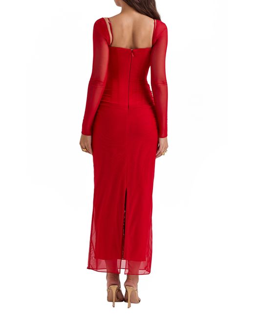 House Of Cb Red Katrina Lace Mesh Long Sleeve Gown