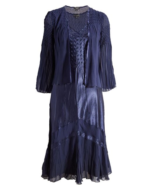 Komarov Blue Tiered Charmeuse & Chiffon Dress & Jacket