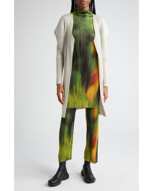 Pleats Please Issey Miyake Green Abstract Print Pleated Long Sleeve Dress
