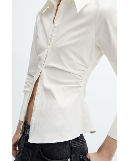 Mango White Fitted Ruched Button-up Shirt