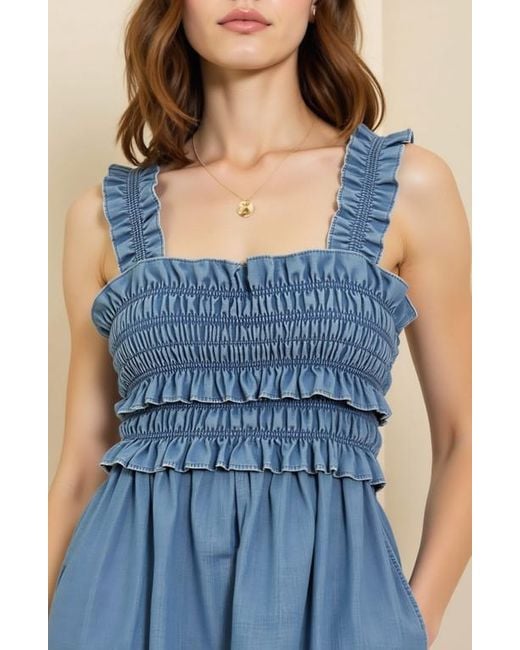 Modenaire Blue Smocked Ruffle Strap Square Neck Flowy Midi Dress