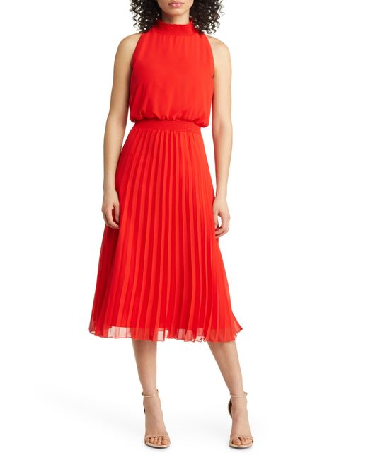 Sam Edelman Red Smocked Pleat Sleeveless Midi Dress