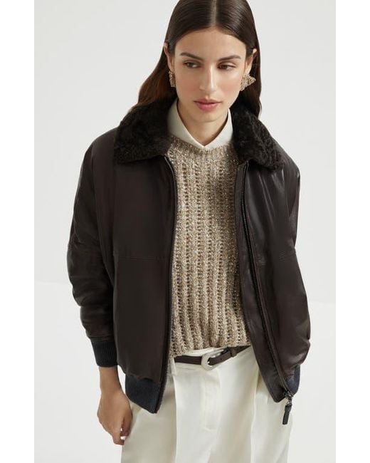 Brunello Cucinelli Black Nappa Leather Bomber Jacket