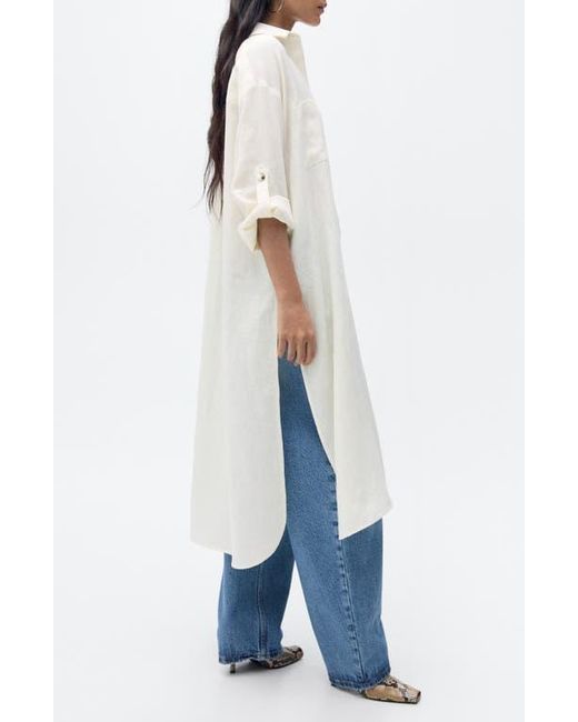 Mango White Longline Linen Button-Up Shirt
