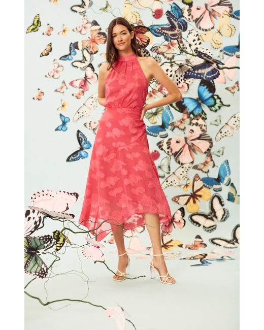 Maggy London Pink Floral Burnout Asymmetric Hem Midi Dress