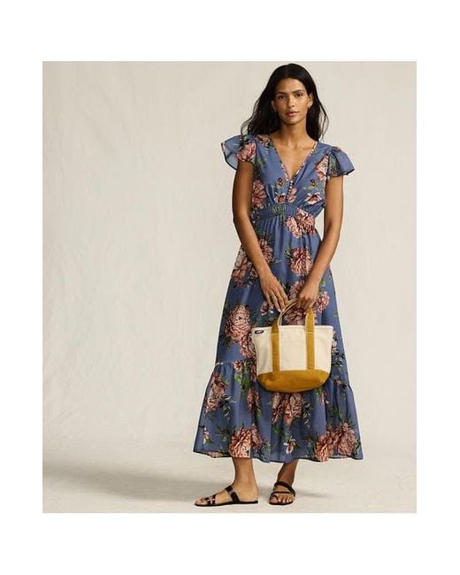 Lands' End Vneck Flutter Sleeve Maxi Dress in Blue | Lyst