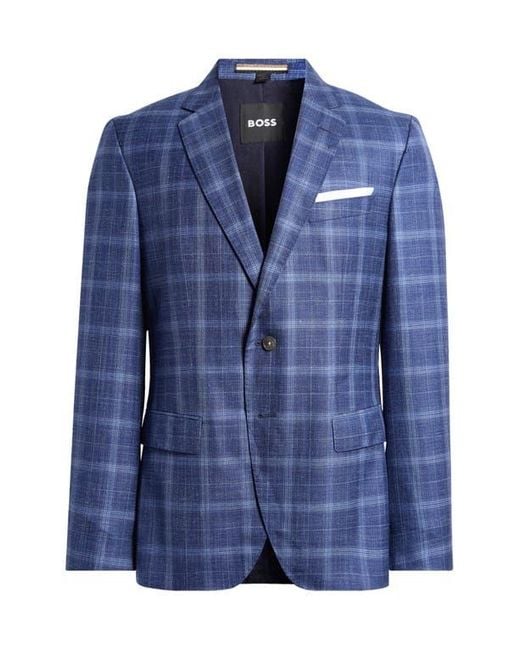 Boss Blue Hutson Slim Fit Plaid Wool & Silk Blend Sport Coat for men