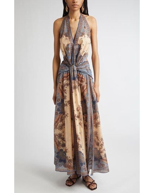 Zimmermann Brown Ascension Paisley Floral Halter Neck Maxi Dress