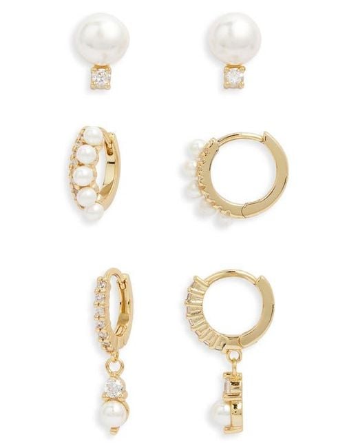 Nordstrom White Set Of 3 Freshwater Pearl & Cubic Zirconia Stud & Hoop Earrings