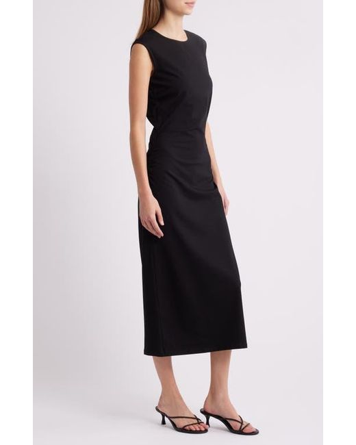 Charles Henry Black Ruched Sleeveless Stretch Cotton Midi Dress
