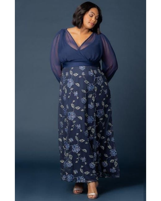 Kiyonna Isabella Embroidered Long Sleeve Gown in Blue | Lyst