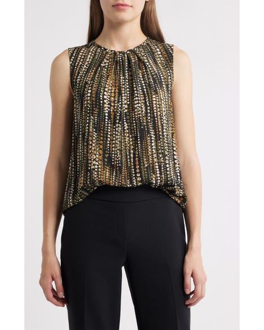 Anne Klein Black Dot Print Pleat Neck Sleeveless Top