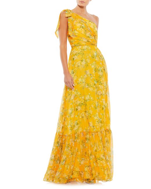 Mac Duggal Yellow Floral One-shoulder Gown