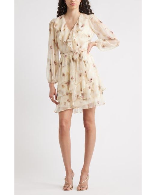 Chelsea28 Natural Floral Ruffle Trim Long Sleeve Chiffon Minidress