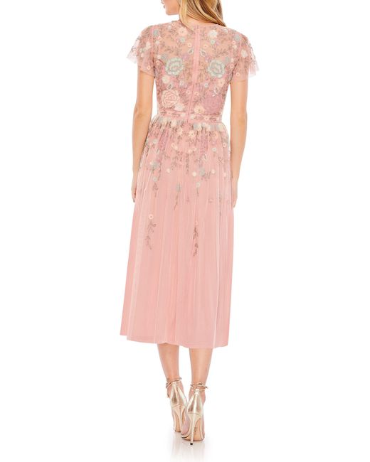 Mac Duggal Pink Beaded Floral Flutter Sleeve Cocktail Dress