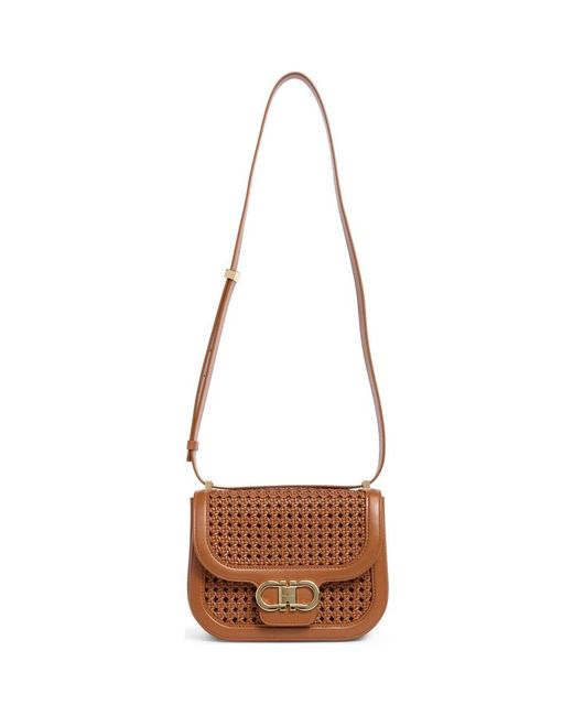 Ferragamo Women's Brown Double Gancini Woven Leather Crossbody Bag