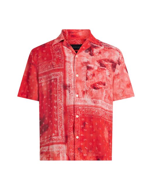 AllSaints Red Tijuana Bandana Print Short Sleeve Cotton Button-up Shirt for men