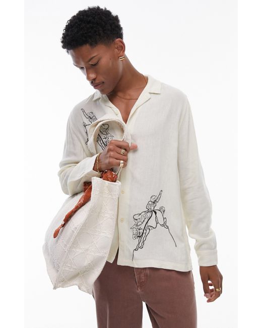 Topman White Embroidered Cowboy Linen Long Sleeve Camp Shirt for men