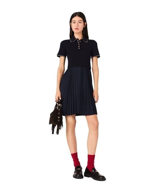 Maje Black Mini Pleated Polo Collar Dress