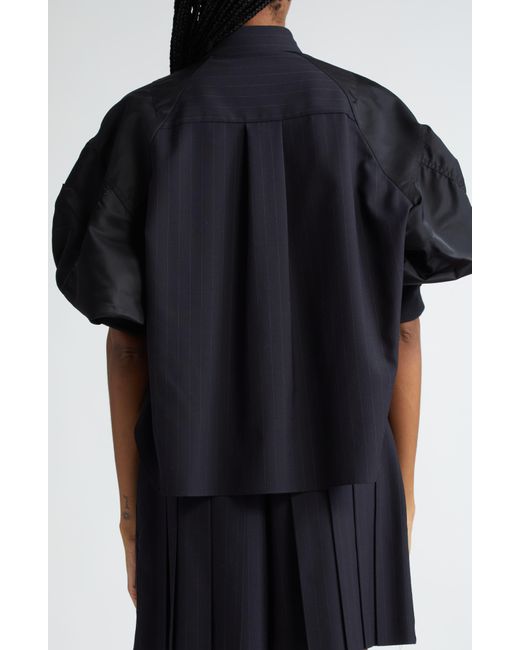 Sacai Blue Mixed Media Chalk Stripe Puff Sleeve Suiting & Nylon Shirt