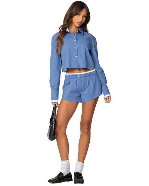 Edikted Blue Danette Crop Cotton Button-Up Shirt