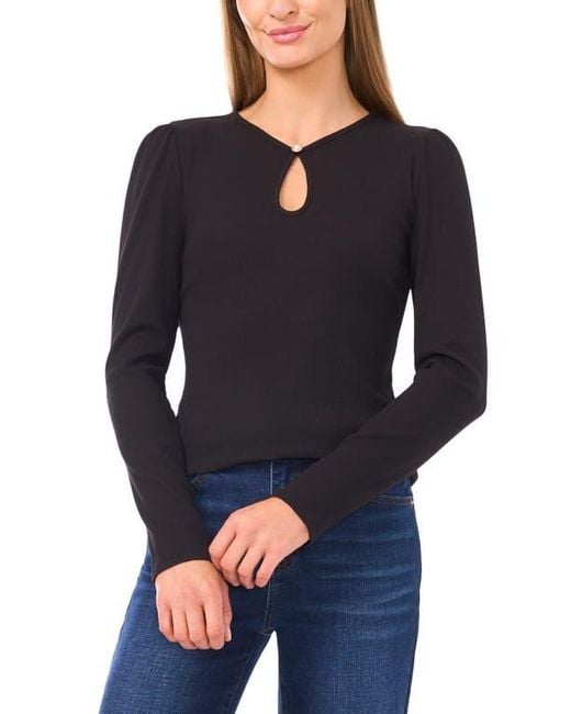 Cece Black Keyhole Rib Top