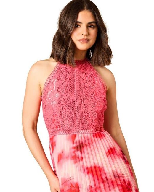Oasis Red Printed Lace Mix Halterneck Midi Dress