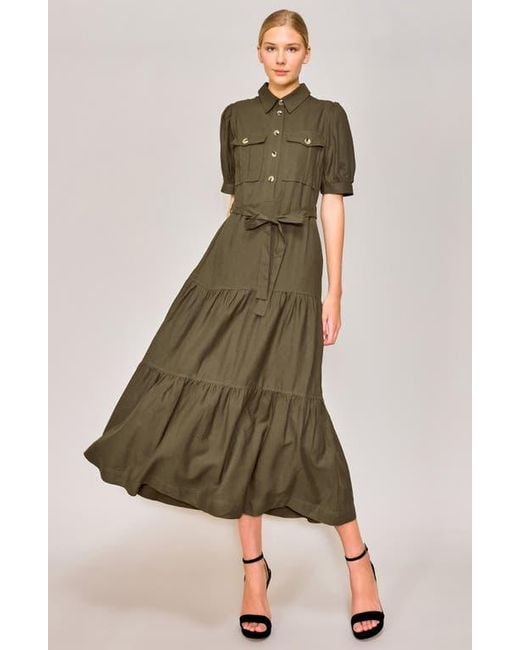 MELLODAY Green Puff Sleeve Linen Blend Maxi Shirtdress