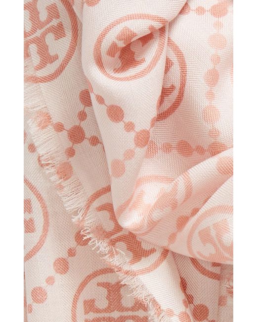 Tory Burch Pink T-monogram Print Silk Oblong Scarf