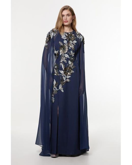 karen millen blue cape dress Karen Millen Archive Collection - Corset Detail Georgette Cape Woven Maxi Dress in Blue