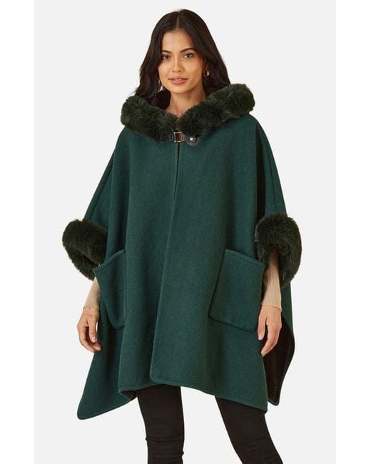 Yumi' Green Hooded Fur Cape Jacket