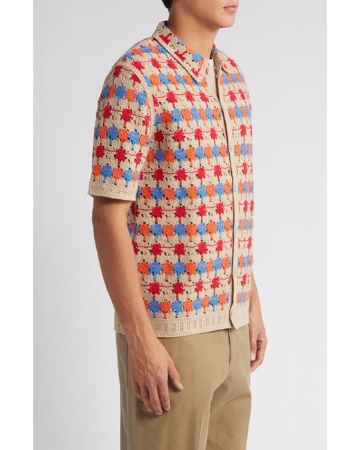 Wax London Red Porto Crochet Short Sleeve Button-up Shirt for men