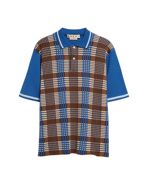 Marni Blue Contrast Sleeve Plaid Cotton Polo Sweater for men