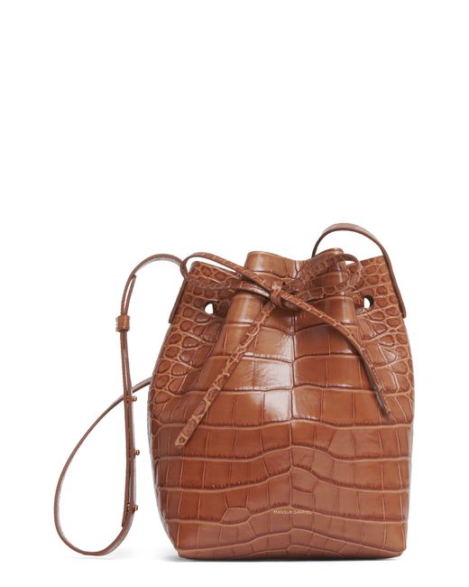 Mansur Gavriel Brown Mini Croc Embossed Leather Bucket Bag