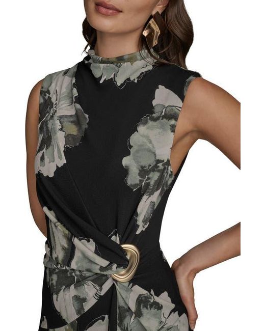 Donna Karan Black Floral Side Ruched Asymmetric Hem Dress