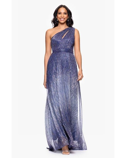 Betsy & Adam Blue Ombré Crinkle Metallic One-Shoulder Gown