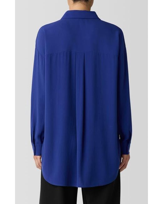 Eileen Fisher Blue Classic Collar Silk Longline Button-Up Shirt
