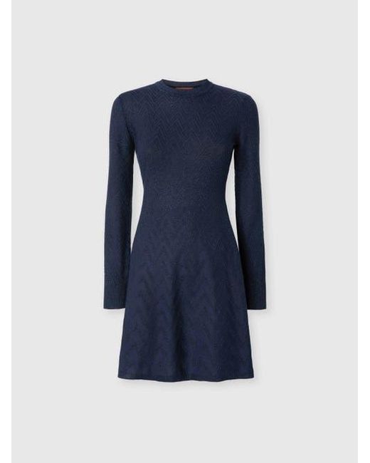 Missoni Blue Short Flared Dress With Long Sleeves And Jacquard Detailing