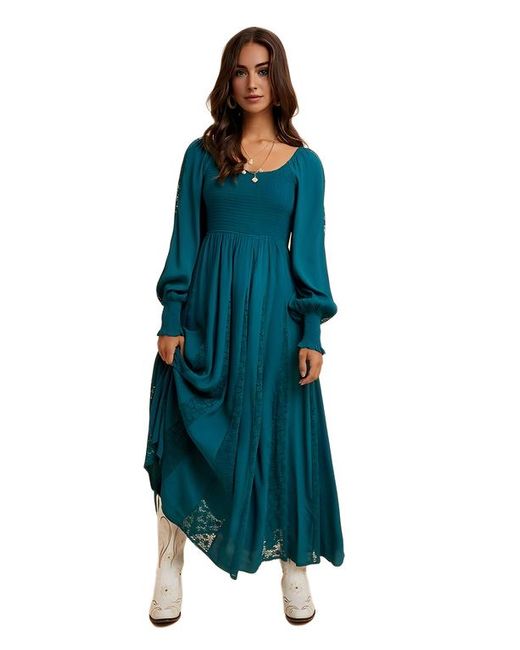 Knit & Lounge Blue Long Sleeve Maxi Dress With Smocked Bodice And Lace Insets